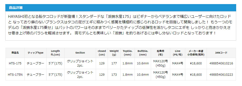 画像: 林釣漁具製作所　（HAYASHI）　【15%OFF・大型商品】　即納！　活蛸水産　HTS-175  HTS-175N乗せ　（船蛸ロッド・チューブラー・2pc）